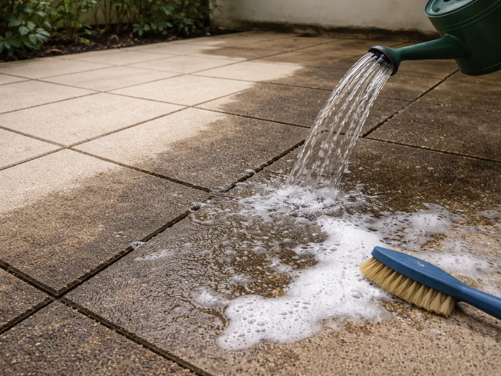 Patio with stained vs freshly cleaned concrete sections, detergent suds, stiff brush, and water rinsing.