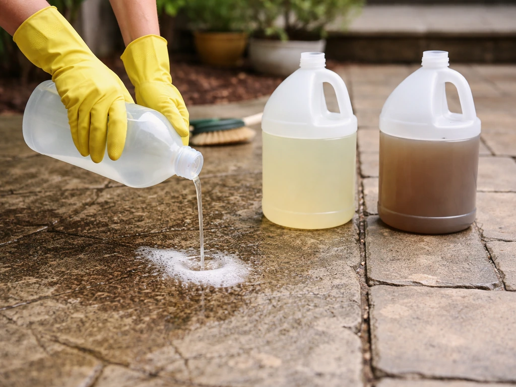 Gloved hands pouring cleaning solution onto rough concrete, with two unlabeled cleaners beside patio textures.