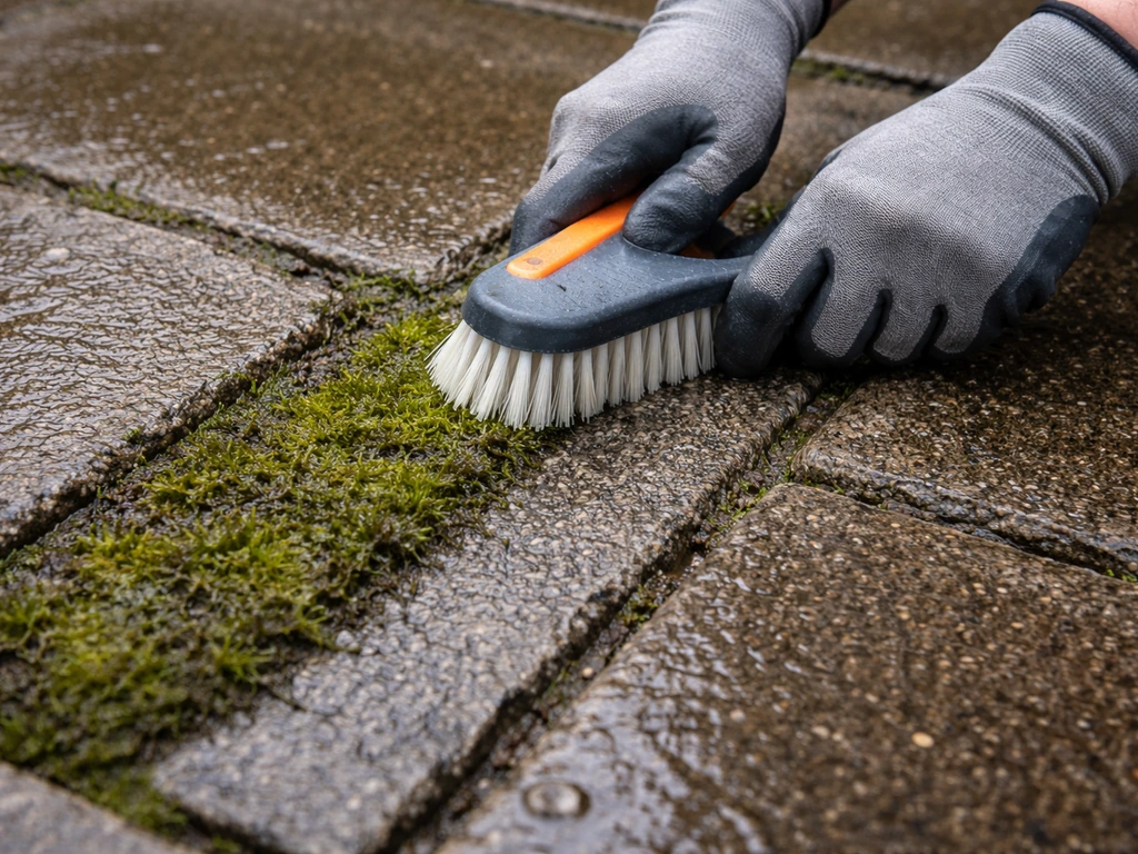 Close-up of mossy patio paving being brushed, with treated area cleaner nearby.