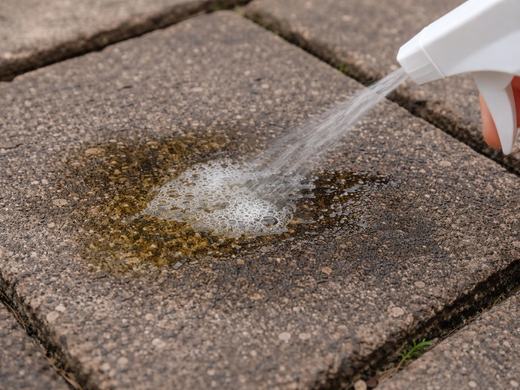 Close-up of a dark pet urine stain on a porous patio stone with enzyme cleaner sprayed on it.