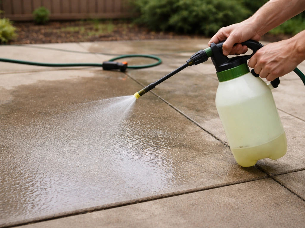 Person applying diluted detergent to a damp patio with a spray bottle, then rinsing debris away.