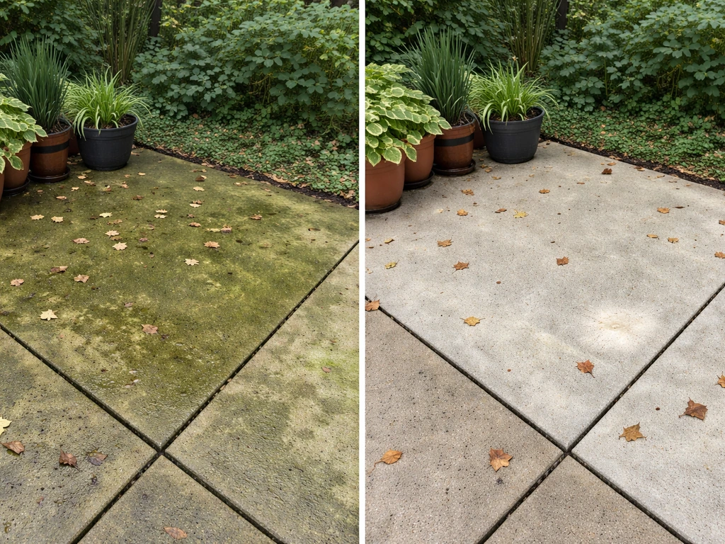 Split-screen patio before and after: algae-darkened late spring vs cleaner early autumn concrete.