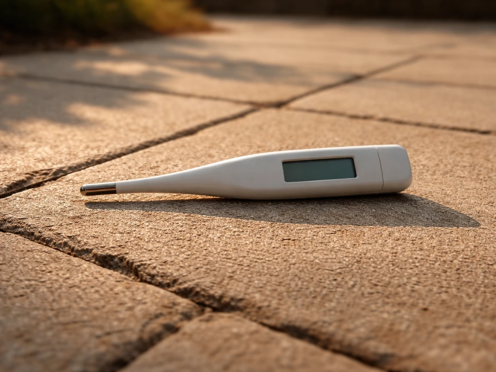 Close-up of a digital thermometer beside a dry patio surface in warm light for ideal cleaning temperature.