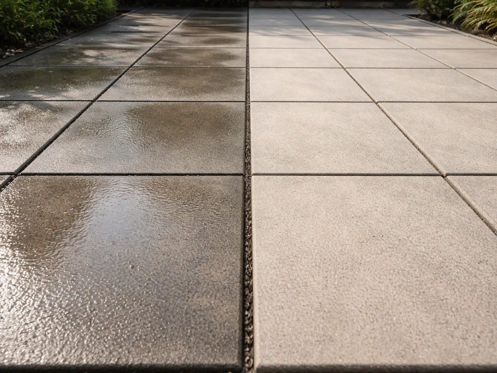Two adjacent patios: left still damp with wet joints, right lighter and mostly surface-dry.