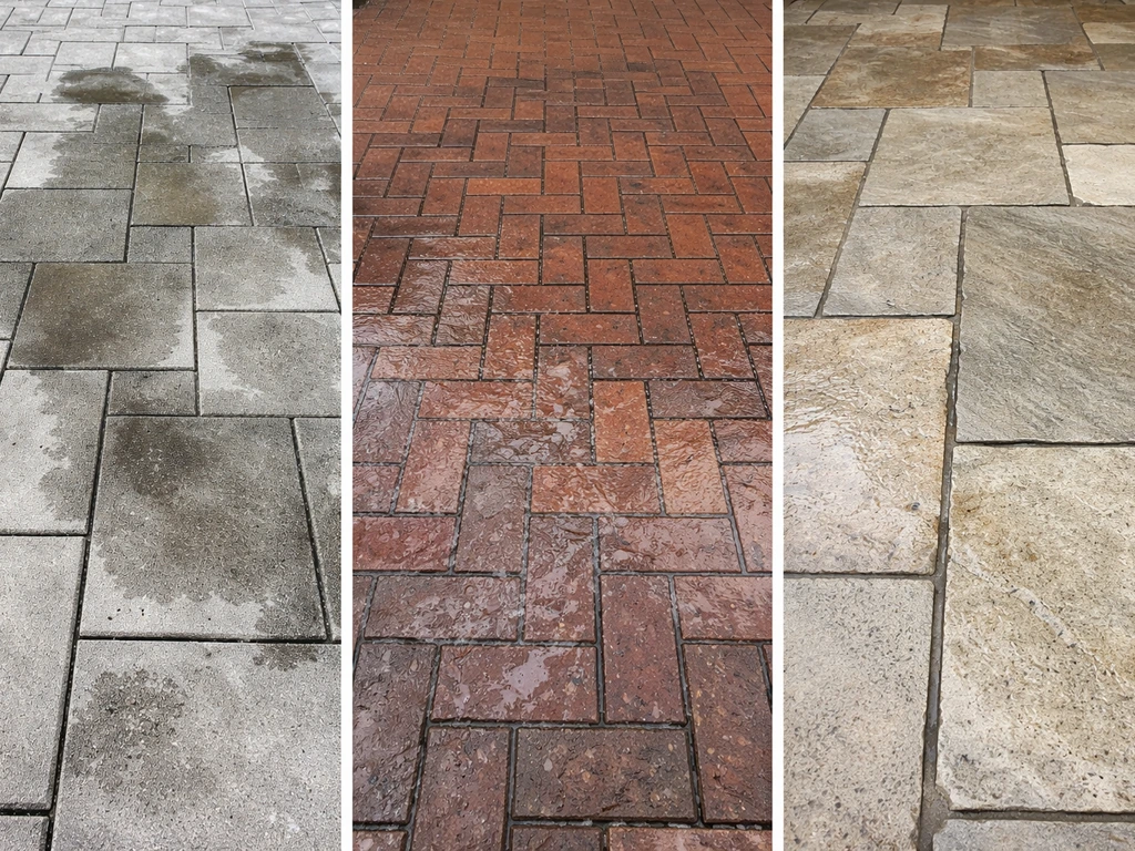 Split-view photo of concrete pavers freshly cleaned, brick in mild runoff, and natural stone needing gentle rinsing.