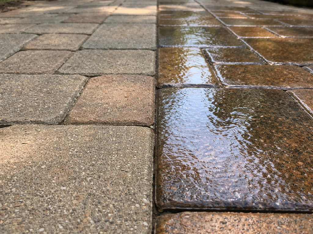 Close-up patio pavers showing matte/low-gloss vs true high-gloss wet-look sheen side by side.