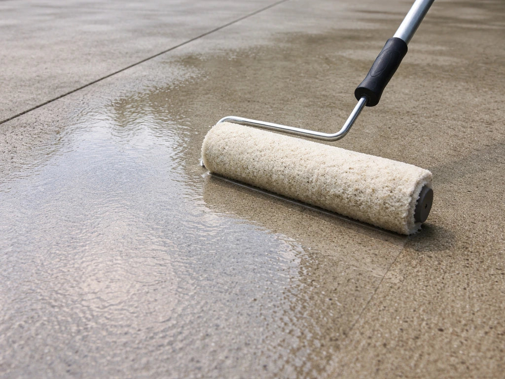 Low-nap roller spreading wet-look sealer on a glossy concrete patio surface.