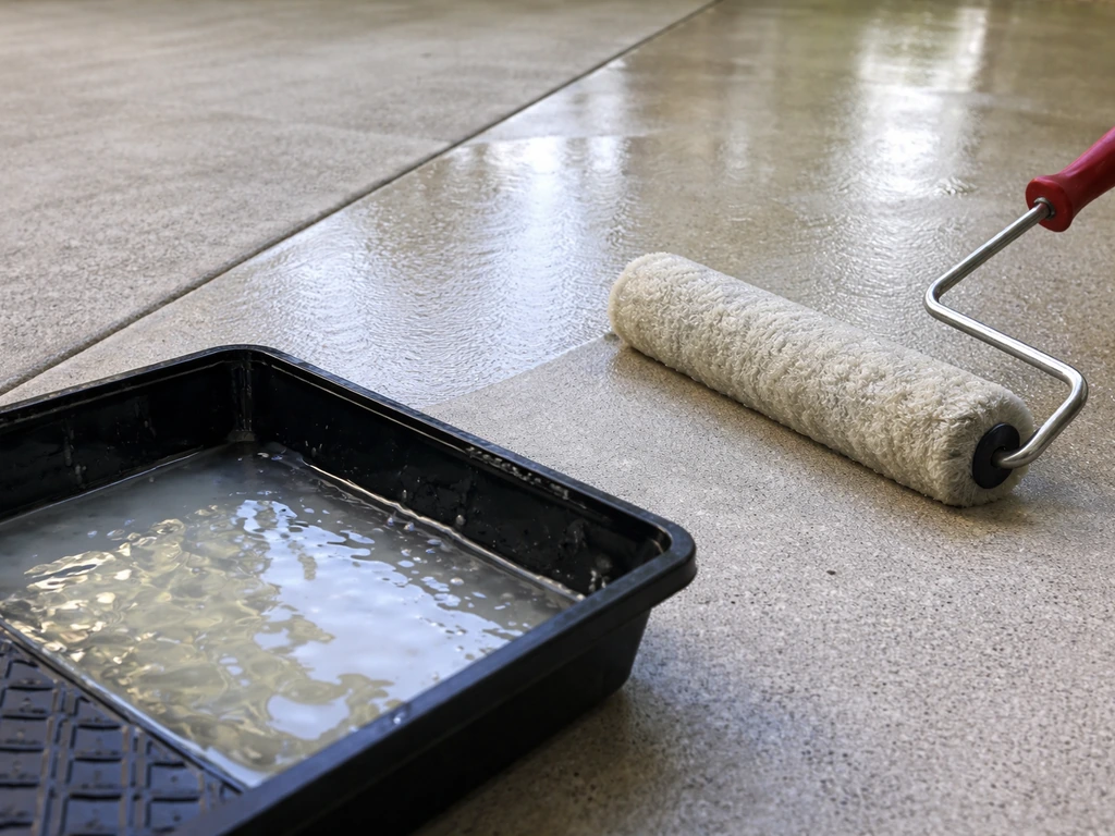 Low-nap roller applying wet-look sealer across a concrete patio, glossy finish in even strokes