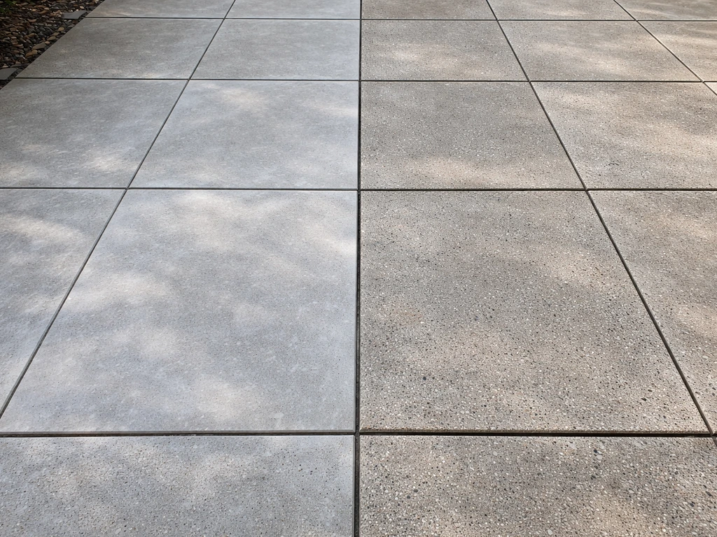 Patio floor showing milky white haze on one side and a clear corrected section beside it.