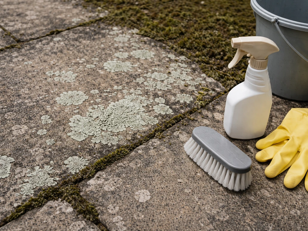 Close-up of lichen and moss on patio stone with cleaning supplies nearby, signaling safe removal and prevention.