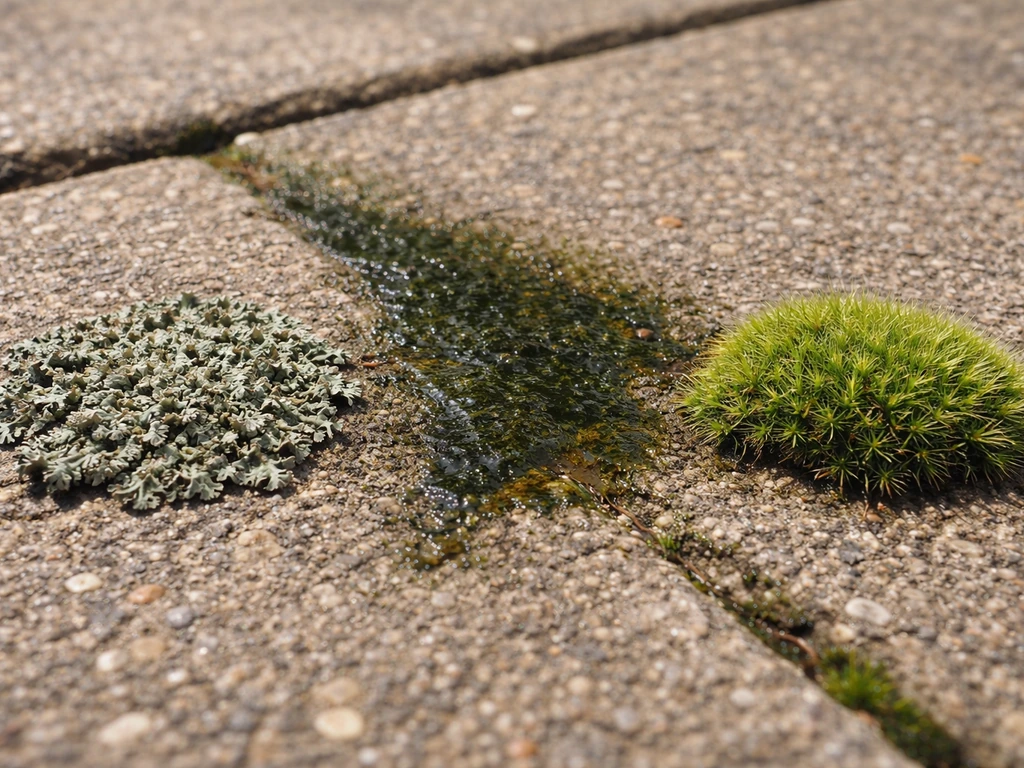 Close-up of patio concrete showing distinct lichen, algae film, and moss tuft textures.