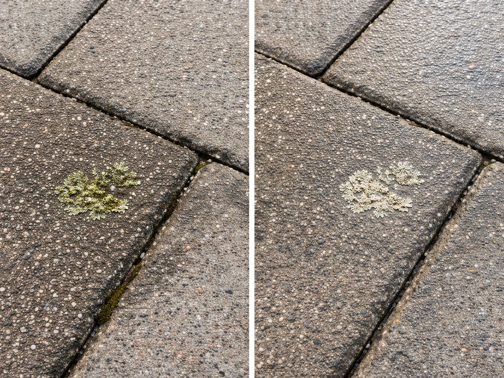 Split view of a concrete paver area before and after lichen treatment, whitish residue after rinsing.