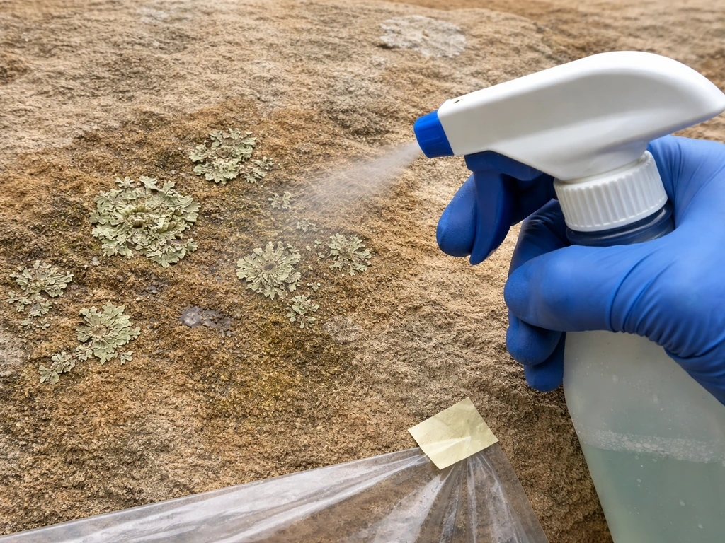 Lichen on a sandstone wall with a gloved person applying diluted non-acid cleaner nearby