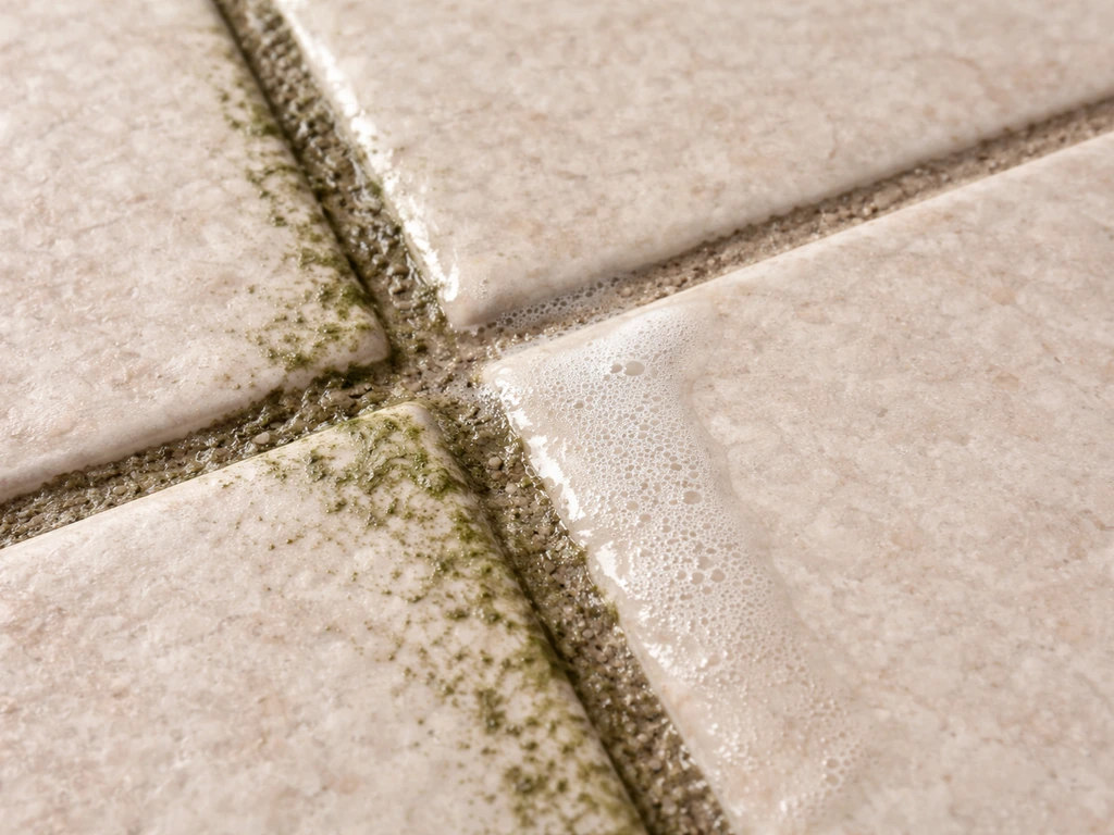 Close-up of ceramic tiles with lichen in grout lines, cleaner applied and partially rinsed for contrast.