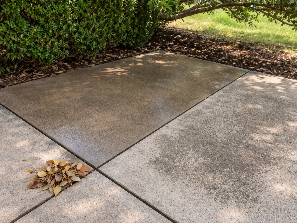 Shaded patio corner with trimmed overhang, sealed section, and an untreated damp patch nearby