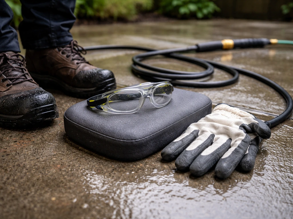 Wet patio with waterproof boots, safety goggles, and gloves beside a pressure washer setup