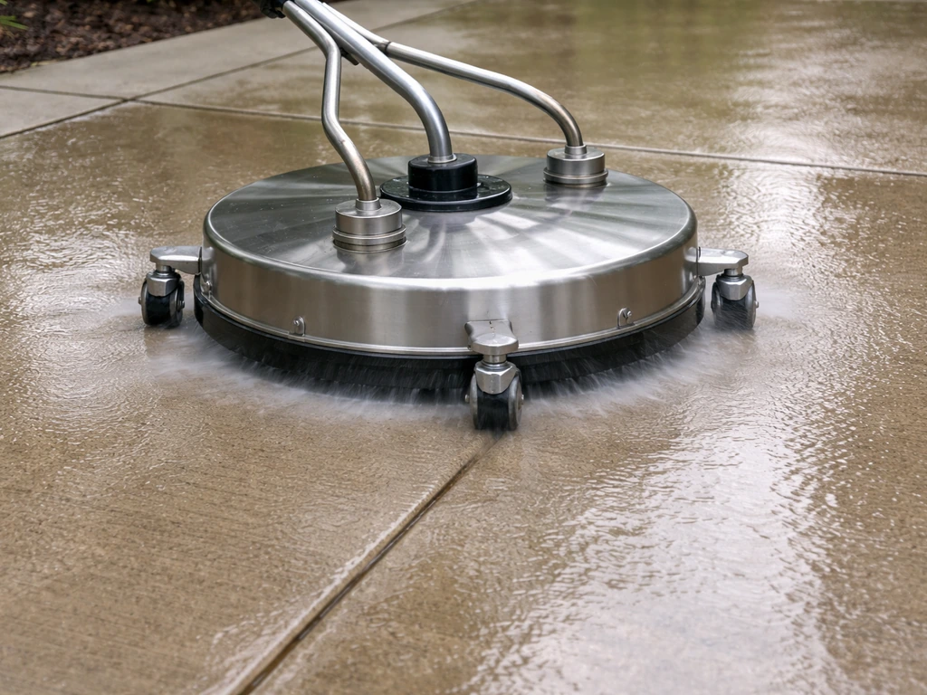 Rotary pressure washer surface cleaner gliding over a concrete patio, leaving even streak-free wet coverage.