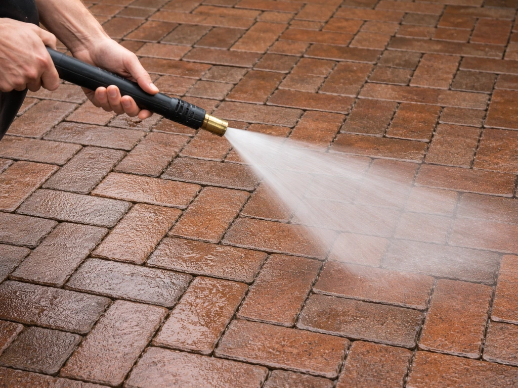 Jet washer cleaning a brick patio, focusing on distance near mortar joints with a wide nozzle.