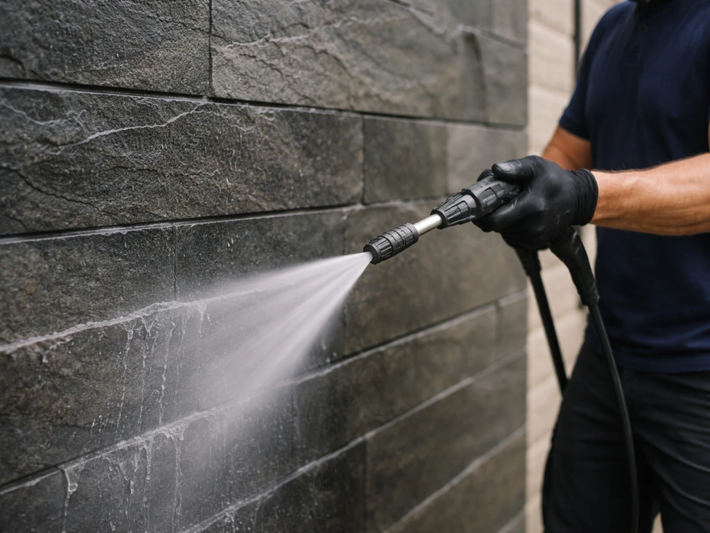 Technician gently pressure-washes a layered slate surface with a wide fan nozzle to prevent delamination