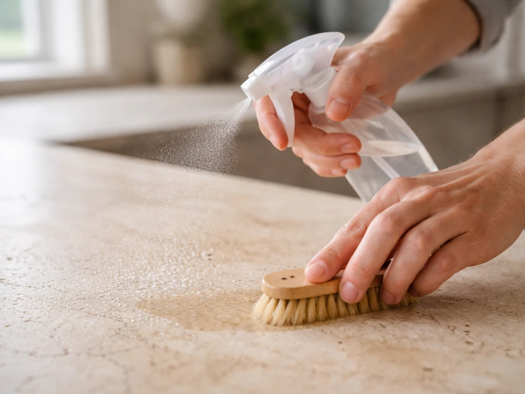 Hands using a soft brush and pH-neutral cleaner on a limestone countertop, gentle rinse with no splashing