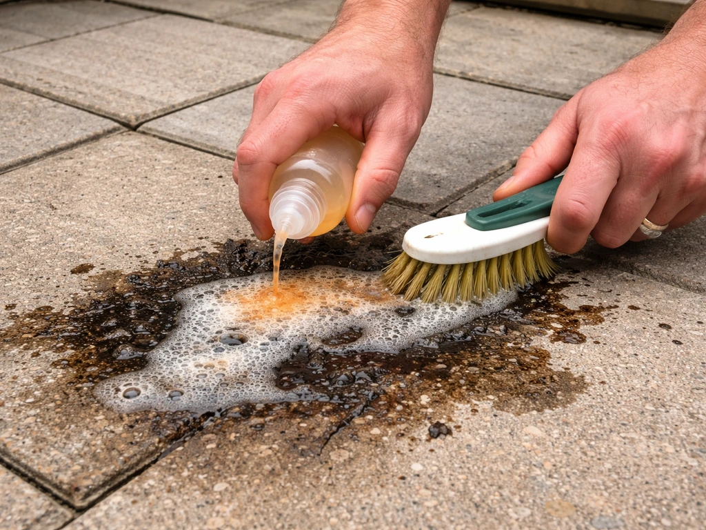 Hands applying degreaser and scrubbing an oil/grease stain on a stone patio before jet washing.