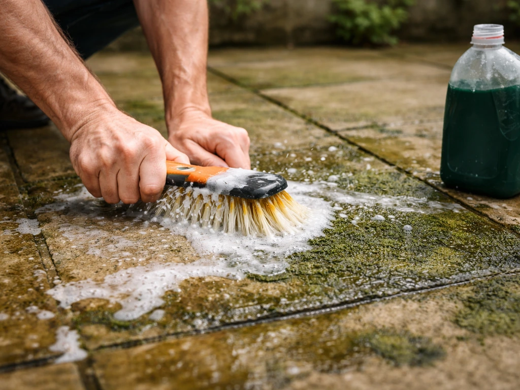 Hand scrubbing a patio with Jeyes Fluid Patio Cleaner foam and a wet brush over algae-stained slabs.