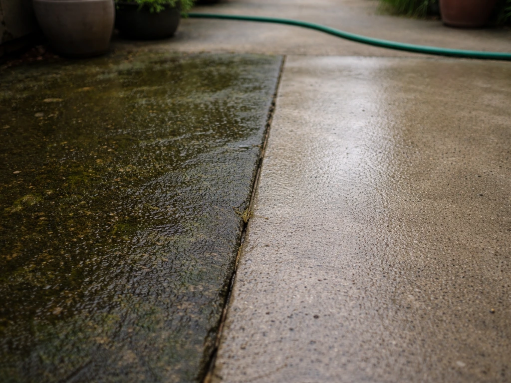 Outdoor patio shows mossy slippery area next to a cleaner treated-looking section