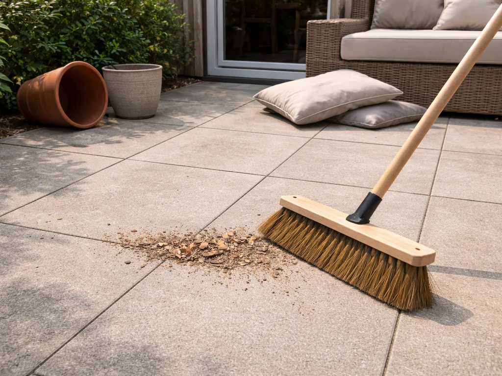 Patio surface cleared with a broom sweeping debris, with pots and cushions moved aside.