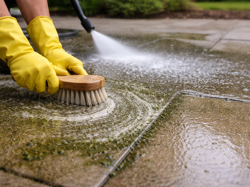 Gloved hands scrub a concrete patio with a stiff brush while a pressure washer rinses algae away.