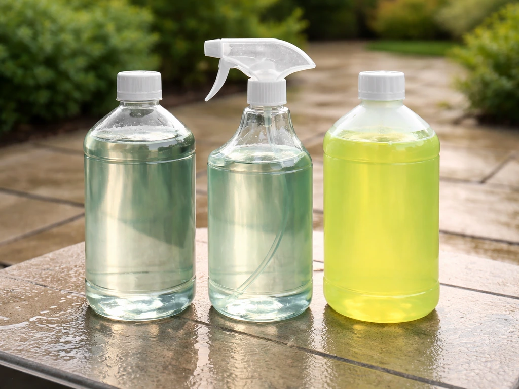 Row of three unlabeled patio cleaning bottles with different nozzle caps on a garden patio table.