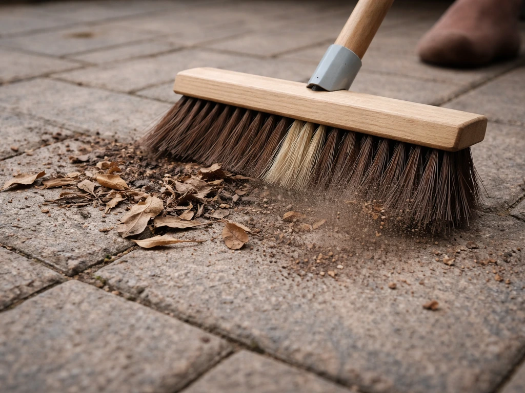 Close-up of a hand-held broom brushing loose debris off a stone patio paving slab