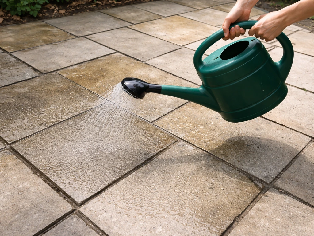Hands watering an outdoor stone patio evenly, showing damp paving without flooding.