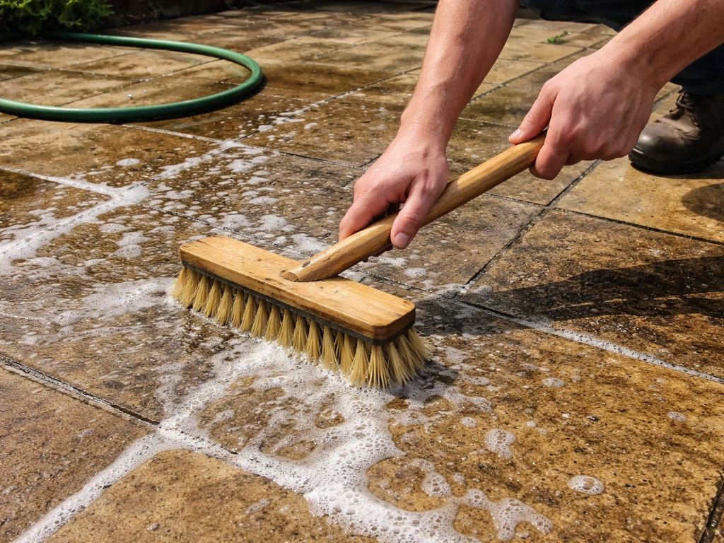 Hands scrubbing stained patio paving with a stiff brush after applying cleaner concentrate.