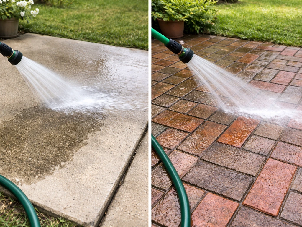 Split-scene photo of a patio cleaner being used on concrete and brick/stone surfaces outdoors
