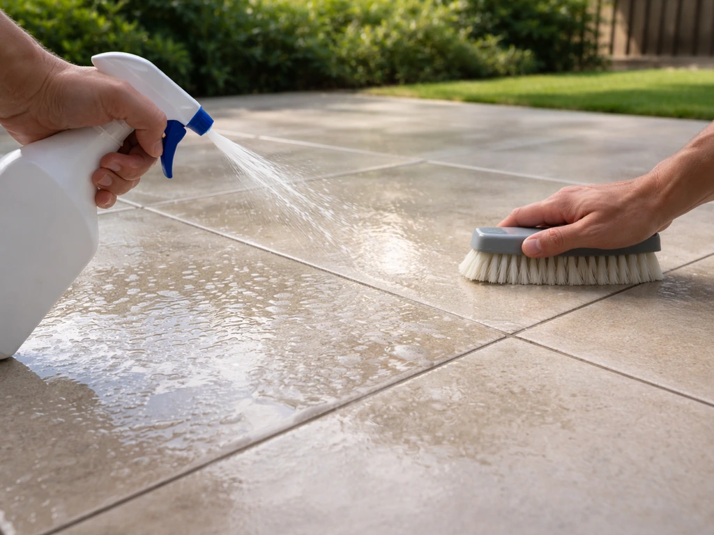 Porcelain patio tiles being sprayed and cleaned with a handheld bottle and brush in natural daylight.