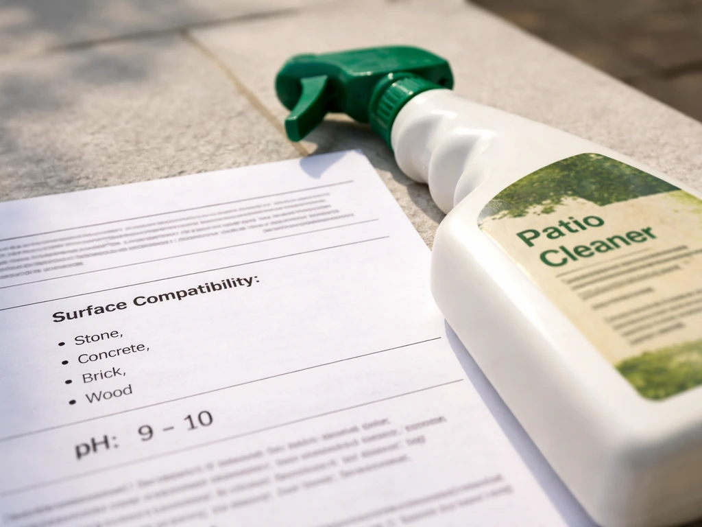 Closeup of patio cleaner bottle and an SDS page on a stone patio, focused on surface and pH area.