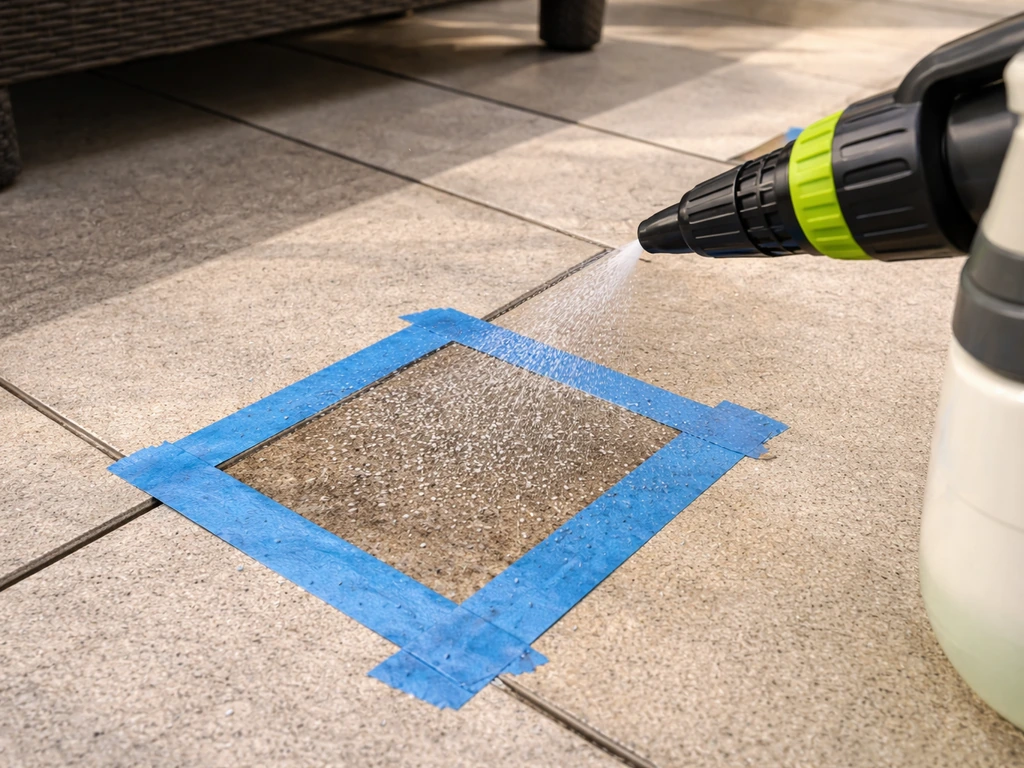 Porcelain tile corner with painter’s tape patch test as a sprayer applies cleaner mist onto it.