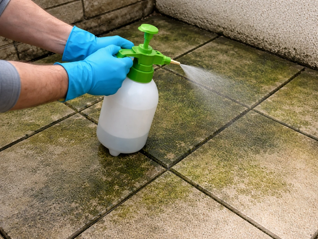 Gloved hand sprayers bleach-based cleaner onto shaded patio tiles with visible green algae film and wet grout.