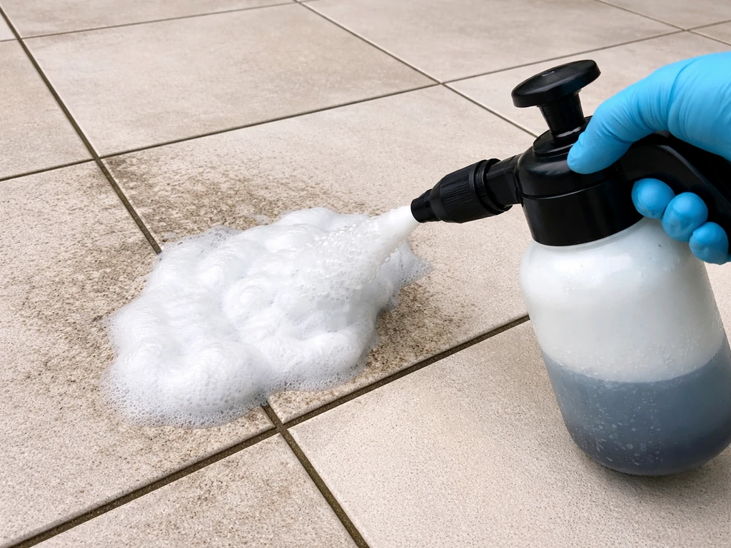 Foam applied with a low-pressure sprayer beside pressure-washed porcelain patio tiles and grout lines