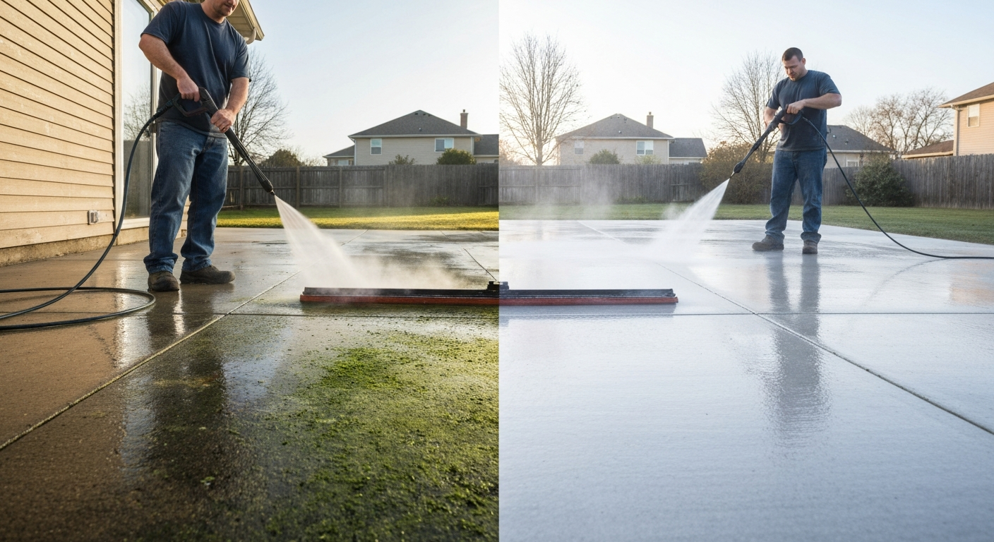 Before-and-after view of a patio being pressure-washed, showing dirty surface on one side and clean surface on the other with an operator using a surface cleaner attachment.