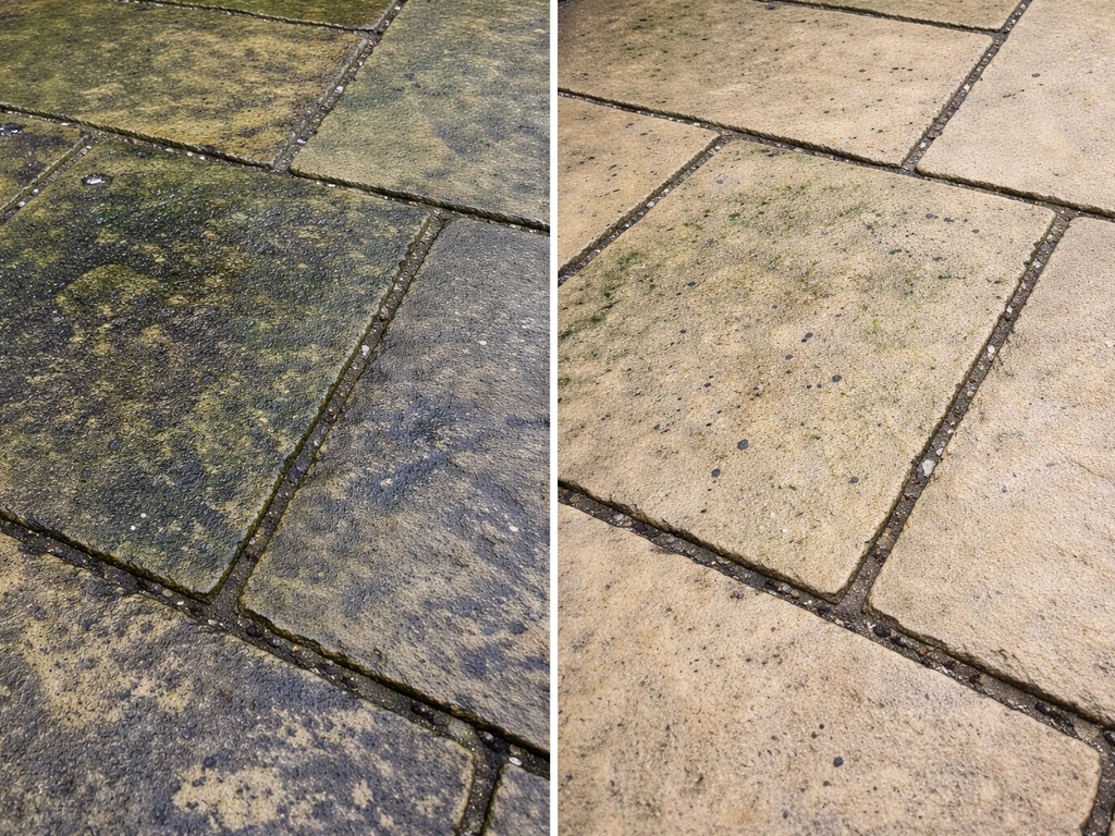 Split view of Yorkstone patio showing green algae and mould fading within days of treatment