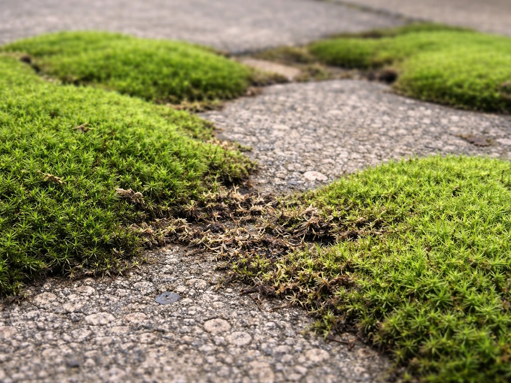 Moss clumps on a concrete surface, with some areas drying and turning brown after treatment.