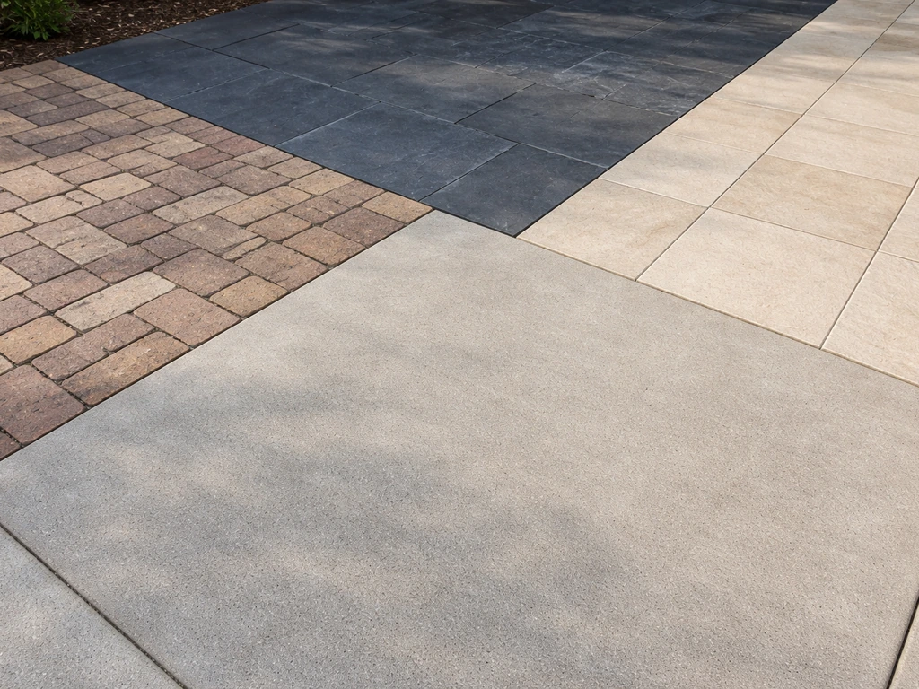 Outdoor patio showing different surface materials in separate areas: concrete, brick/stone, slate, and porcelain tiles.