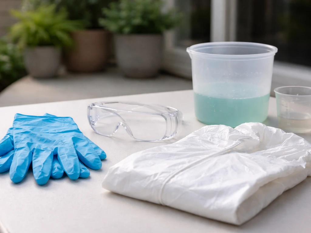 Chemical-resistant gloves, goggles, and protective clothing laid out beside a diluted biocide mixing container.