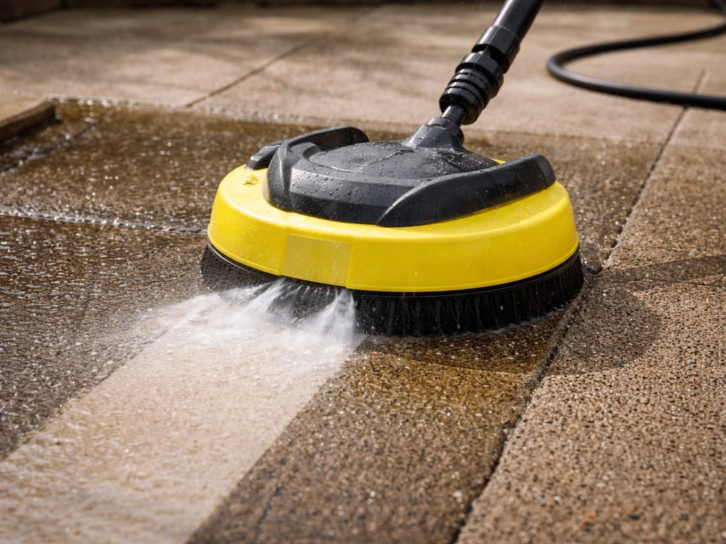 Kärcher patio cleaner attachment rinsing a concrete patio, with a visibly cleaned strip beside it.