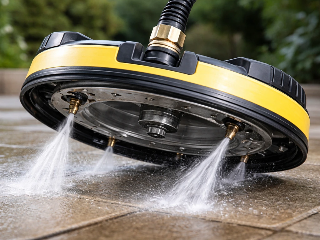 Close-up of a pressure washer surface cleaner attachment showing rotating head and quick-connect coupling
