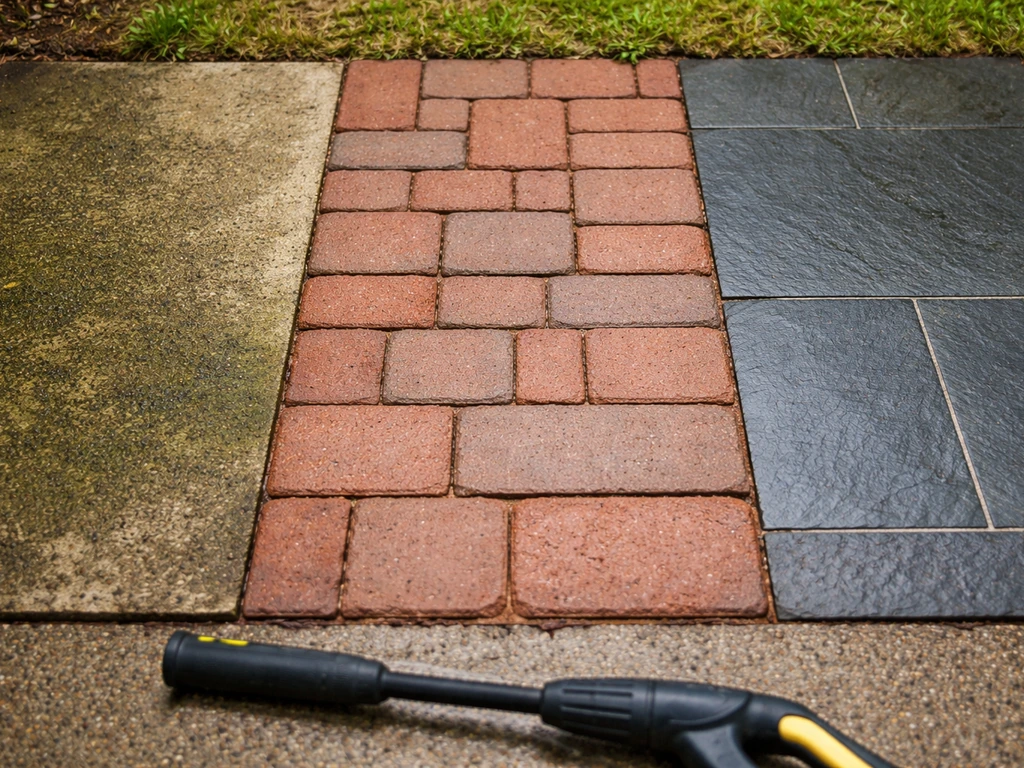 Minimal photo showing a patio cleaning test with three surface samples, each with different grime levels