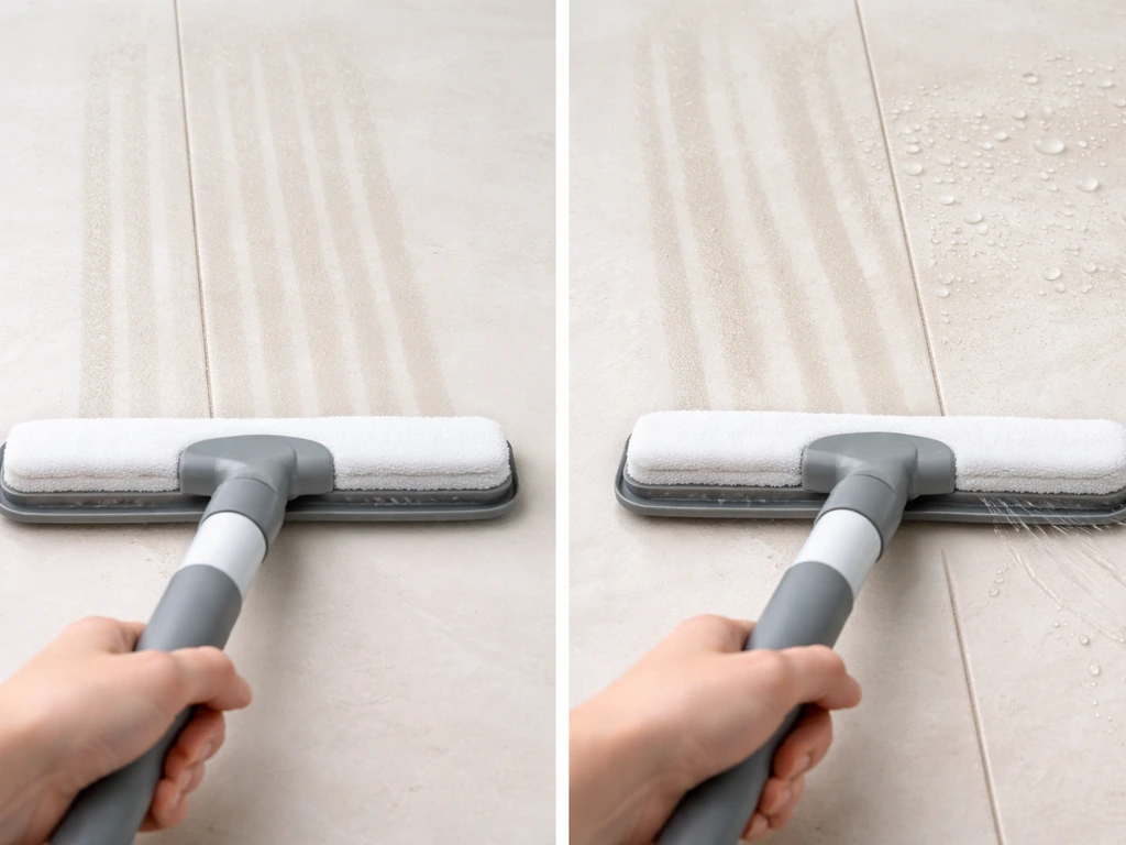 Hands holding a flat cleaning attachment on a countertop, showing even stripes versus streaky side spray from tilting.