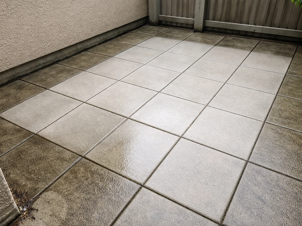 Clean patio center meets darker unclean border along a wall corner and patio edge.