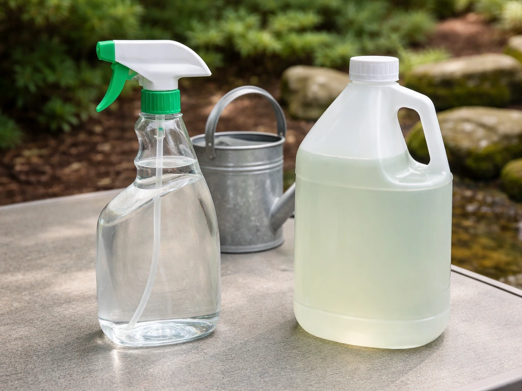 A green algae cleaner ready-to-use spray bottle and a concentrate jug side by side on a patio table